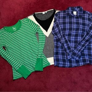 GAP Bundle Green Striped Long Sleeve, button shirt, knitted sweater Small